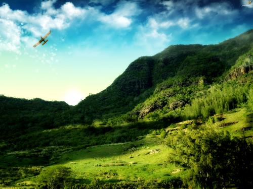 шикарные зеленые горы самолет в небе
